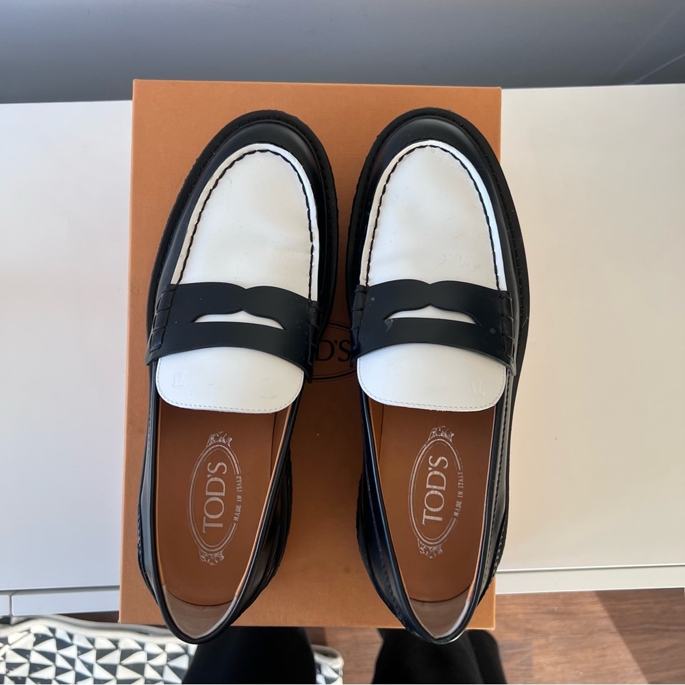 TOD’S raised sole black white leather penny loafers 40.5 EU/IT